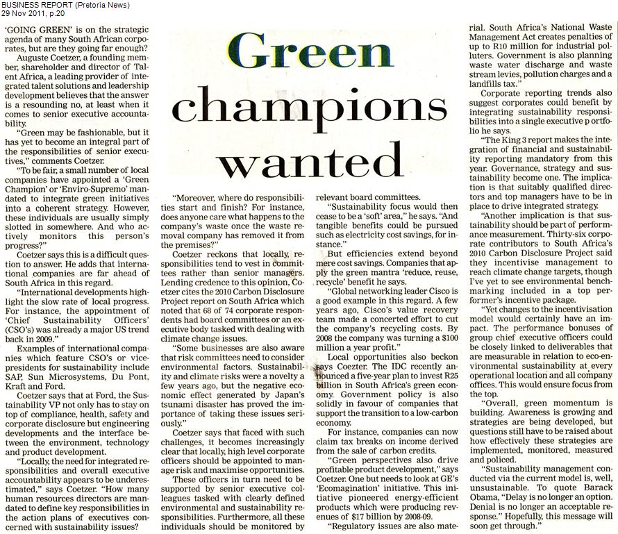 Green champions wanted Business Report Pretoria News 29 November 